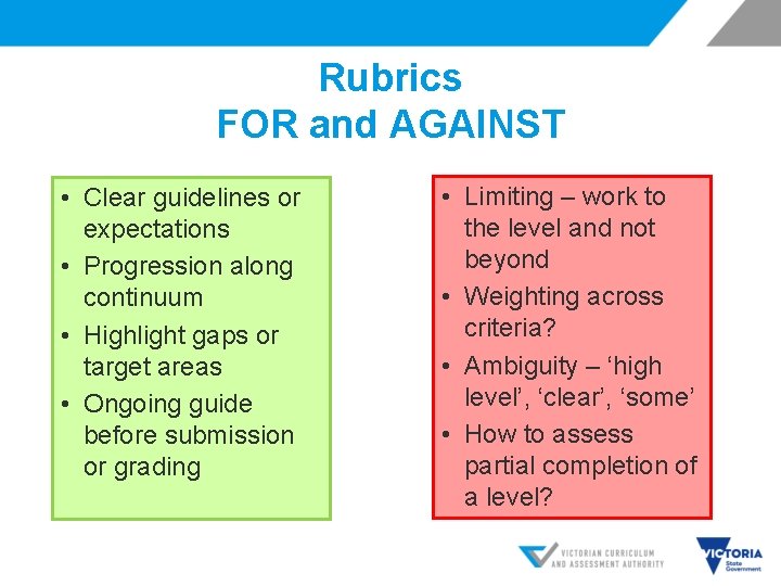 Rubrics FOR and AGAINST • Clear guidelines or expectations • Progression along continuum •