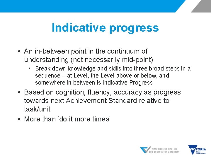 Indicative progress • An in-between point in the continuum of understanding (not necessarily mid-point)