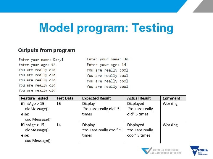 Model program: Testing Outputs from program 
