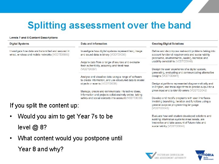 Splitting assessment over the band If you split the content up: • Would you