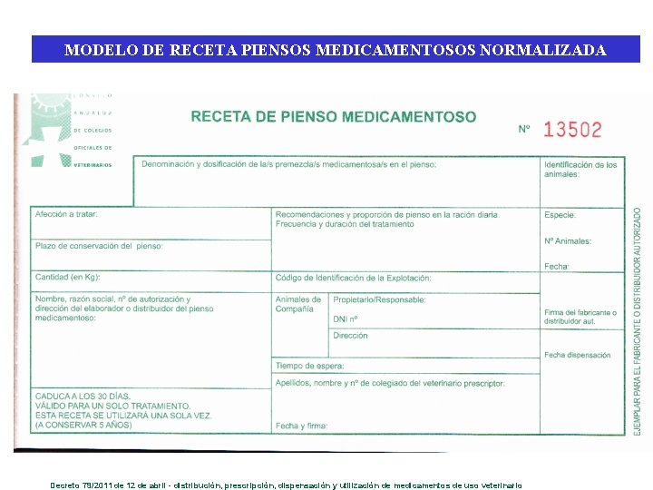 MODELO DE RECETA PIENSOS MEDICAMENTOSOS NORMALIZADA Decreto 79/2011 de 12 de abril - distribución,