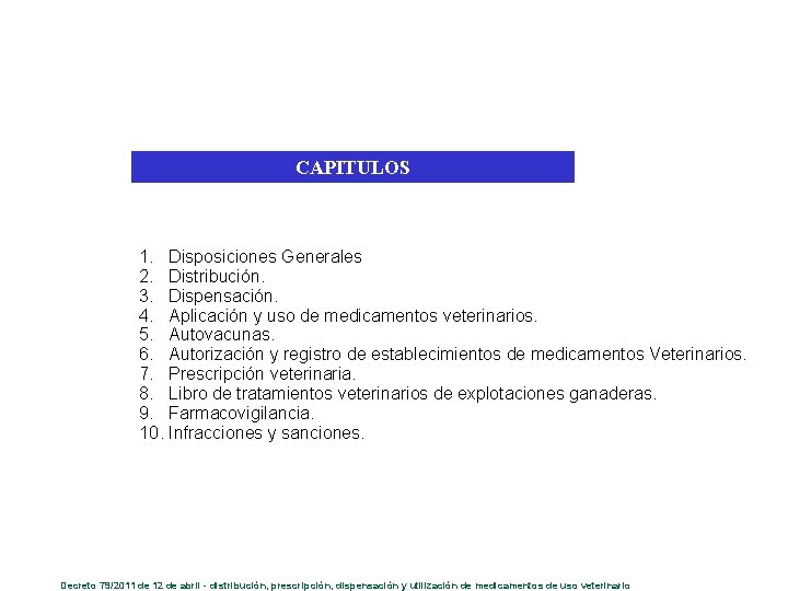 CAPITULOS 1. Disposiciones Generales 2. Distribución. 3. Dispensación. 4. Aplicación y uso de medicamentos