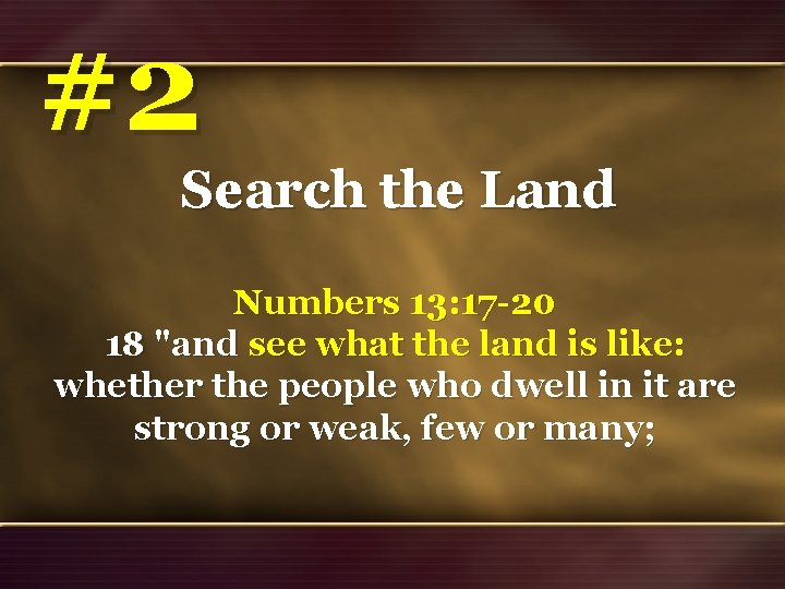 #2 Search the Land Numbers 13: 17 -20 18 "and see what the land