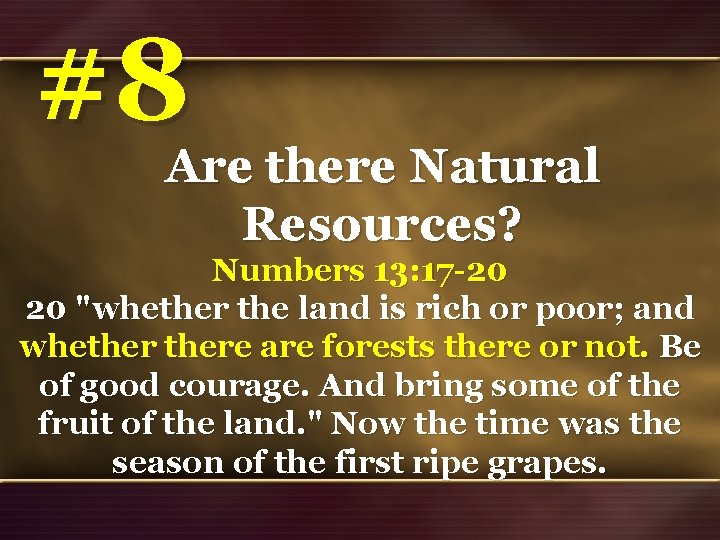 #8 Are there Natural Resources? Numbers 13: 17 -20 20 "whether the land is