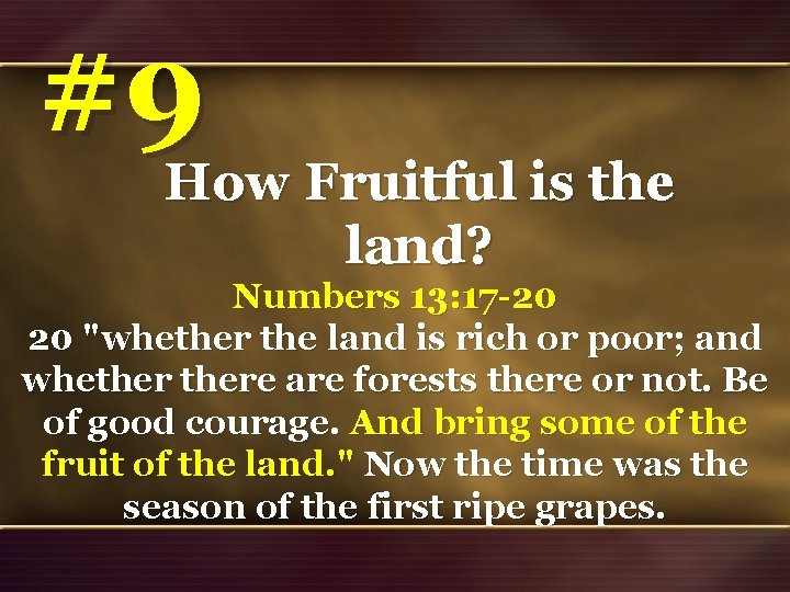 #9 How Fruitful is the land? Numbers 13: 17 -20 20 "whether the land
