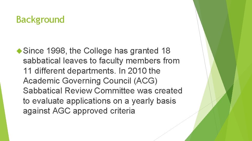 Background Since 1998, the College has granted 18 sabbatical leaves to faculty members from