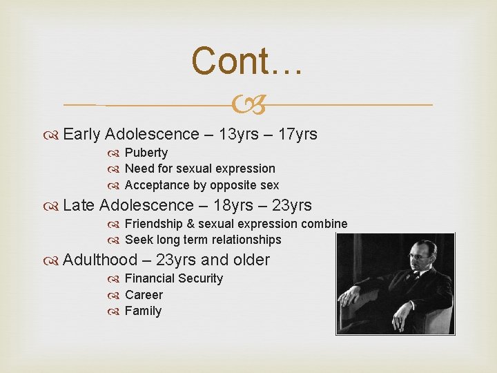 Cont… Early Adolescence – 13 yrs – 17 yrs Puberty Need for sexual expression