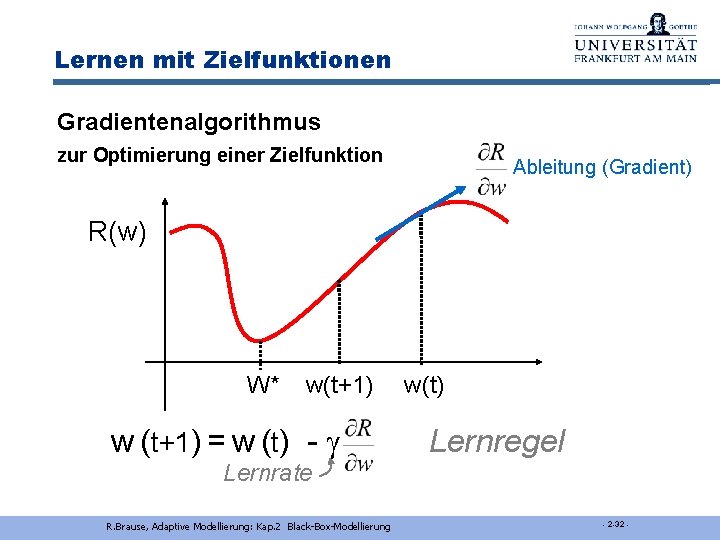 Lernen mit Zielfunktionen Gradientenalgorithmus zur Optimierung einer Zielfunktion Ableitung (Gradient) R(w) W* w(t+1) w