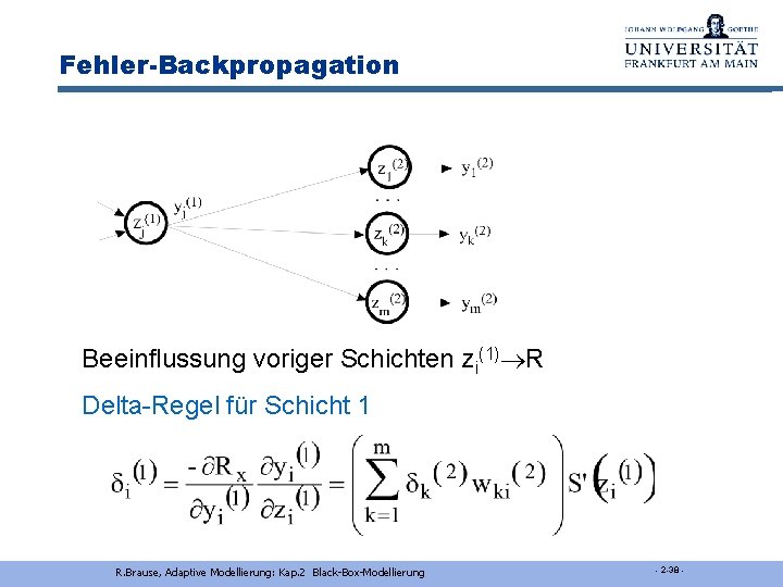 Fehler-Backpropagation Beeinflussung voriger Schichten zi(1) R Delta-Regel für Schicht 1 R. Brause, Adaptive Modellierung: