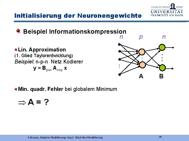 Initialisierung der Neuronengewichte Beispiel Informationskompression n Lin. Approximation (1. Glied Taylorentwicklung) Beispiel: n-p-n Netz