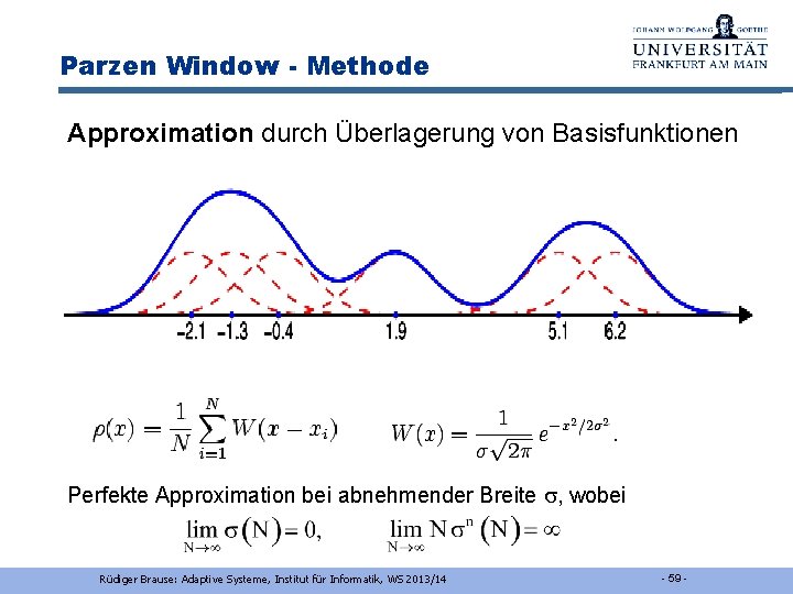 Parzen Window - Methode Approximation durch Überlagerung von Basisfunktionen Perfekte Approximation bei abnehmender Breite