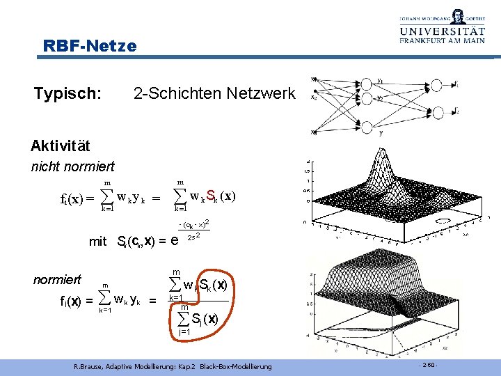 RBF-Netze Typisch: 2 -Schichten Netzwerk Aktivität nicht normiert m fi(x) = å w k