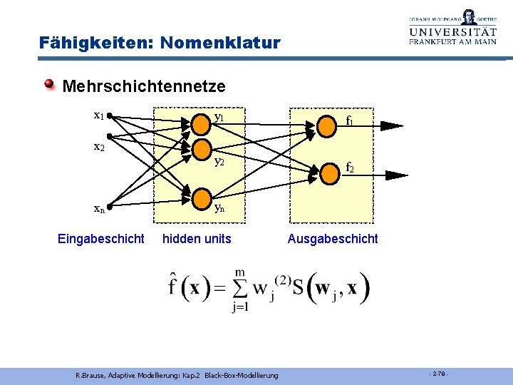 Fähigkeiten: Nomenklatur Mehrschichtennetze x 1 x 2 xn Eingabeschicht y 1 y 2 f