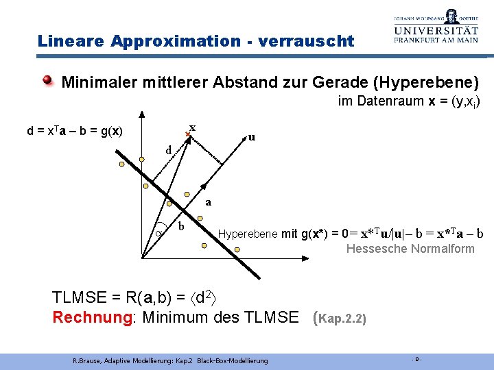 Lineare Approximation - verrauscht Minimaler mittlerer Abstand zur Gerade (Hyperebene) im Datenraum x =