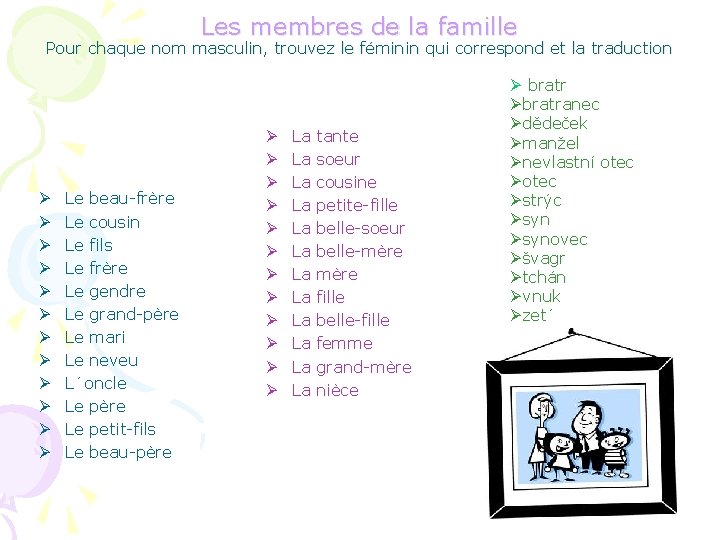 Les membres de la famille Pour chaque nom masculin, trouvez le féminin qui correspond
