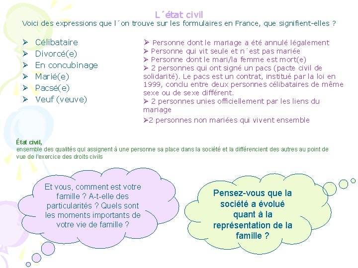L´état civil Voici des expressions que l´on trouve sur les formulaires en France, que