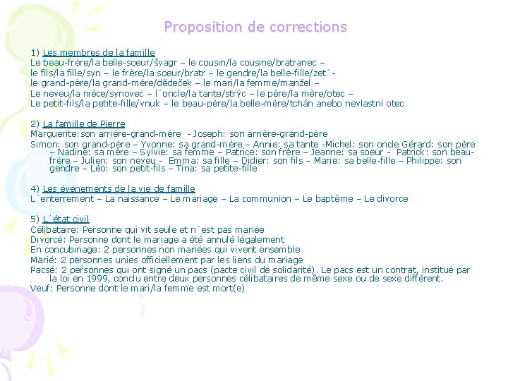 Proposition de corrections 1) Les membres de la famille Le beau-frère/la belle-soeur/švagr – le