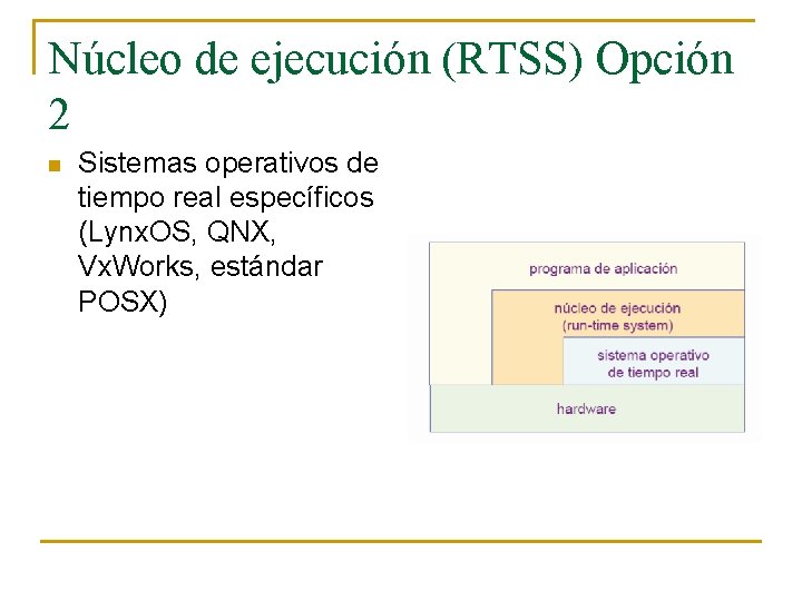Núcleo de ejecución (RTSS) Opción 2 n Sistemas operativos de tiempo real específicos (Lynx.