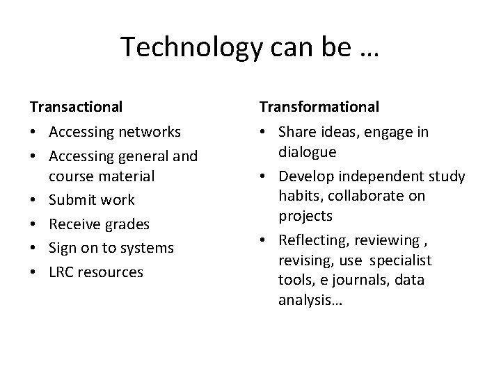 Technology can be … Transactional Transformational • Accessing networks • Accessing general and course