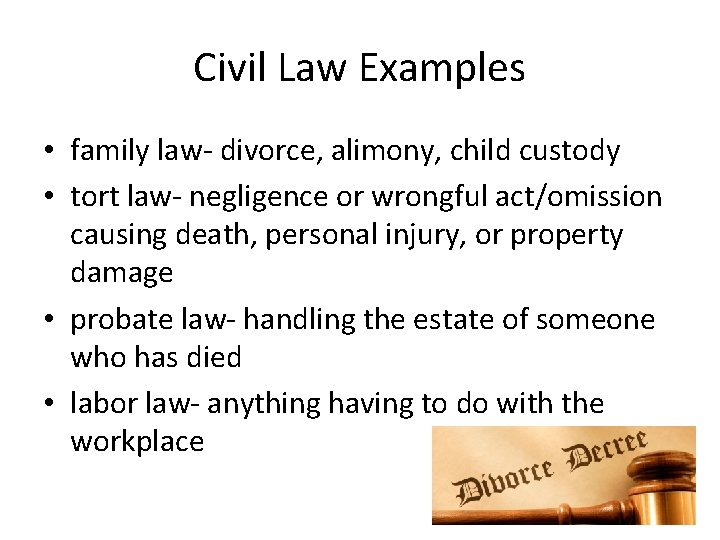 Civil Law Examples • family law- divorce, alimony, child custody • tort law- negligence