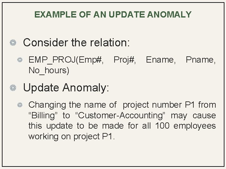 EXAMPLE OF AN UPDATE ANOMALY Consider the relation: EMP_PROJ(Emp#, No_hours) Proj#, Ename, Pname, Update