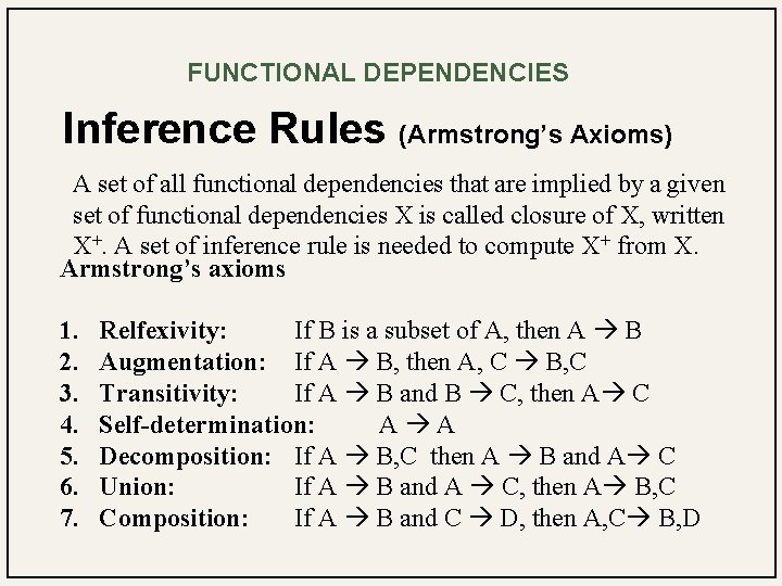 FUNCTIONAL DEPENDENCIES Inference Rules (Armstrong’s Axioms) A set of all functional dependencies that are