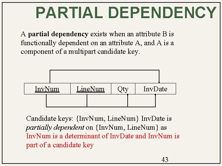 PARTIAL DEPENDENCY A partial dependency exists when an attribute B is functionally dependent on