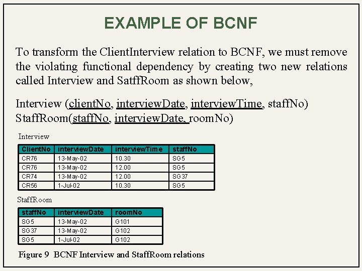 EXAMPLE OF BCNF To transform the Client. Interview relation to BCNF, we must remove