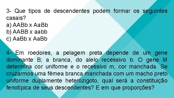 3 - Que tipos de descendentes podem formar os seguintes casais? a) AABb x