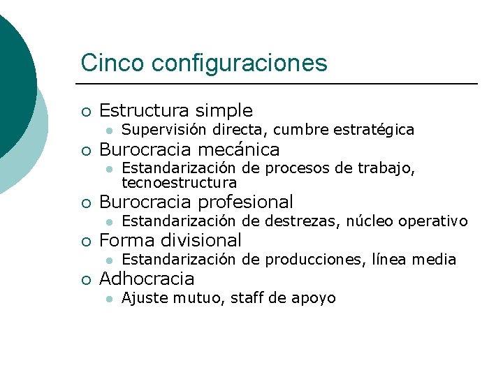 Cinco configuraciones ¡ Estructura simple l ¡ Burocracia mecánica l ¡ Estandarización de destrezas,
