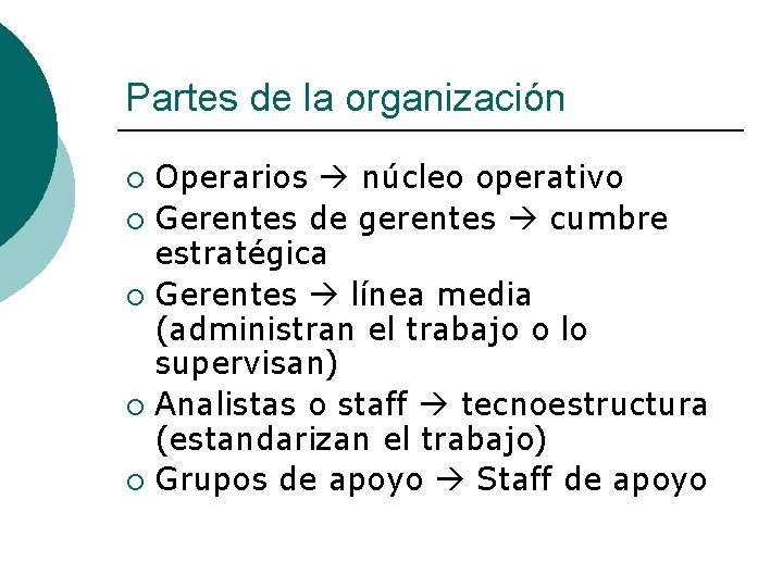 Partes de la organización Operarios núcleo operativo ¡ Gerentes de gerentes cumbre estratégica ¡