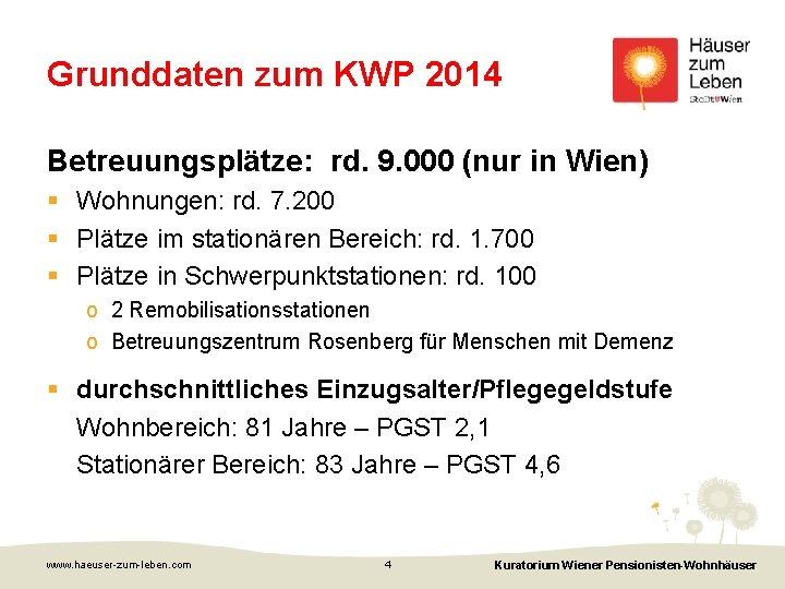 Grunddaten zum KWP 2014 Betreuungsplätze: rd. 9. 000 (nur in Wien) § Wohnungen: rd.