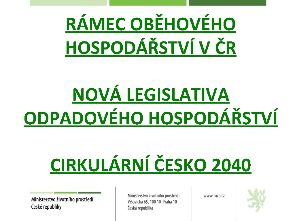 RÁMEC OBĚHOVÉHO HOSPODÁŘSTVÍ V ČR NOVÁ LEGISLATIVA ODPADOVÉHO HOSPODÁŘSTVÍ CIRKULÁRNÍ ČESKO 2040 