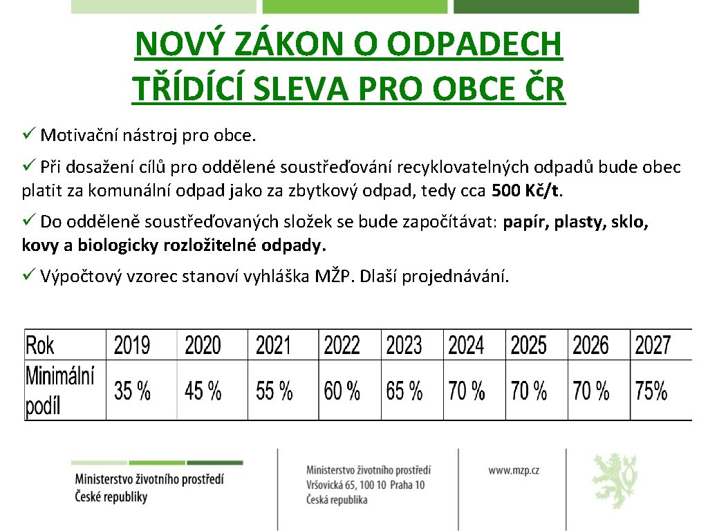 NOVÝ ZÁKON O ODPADECH TŘÍDÍCÍ SLEVA PRO OBCE ČR ü Motivační nástroj pro obce.