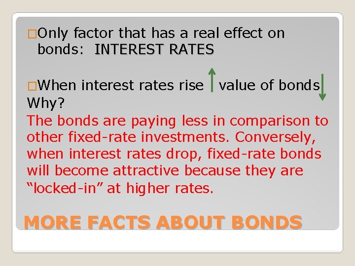 �Only factor that has a real effect on bonds: INTEREST RATES �When interest rates