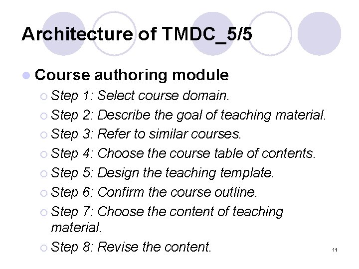 Architecture of TMDC_5/5 l Course authoring module ¡ Step 1: Select course domain. ¡