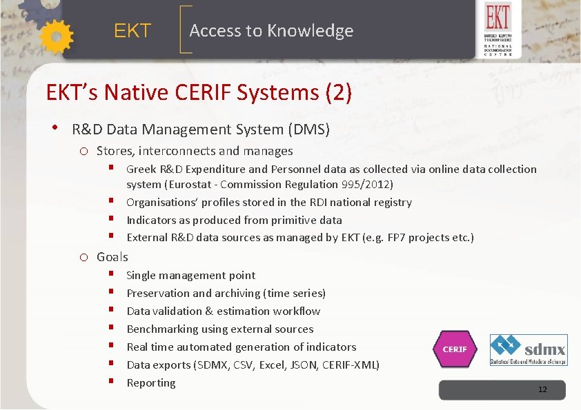 ΕΚΤ Access to Knowledge EKT’s Native CERIF Systems (2) • R&D Data Management System