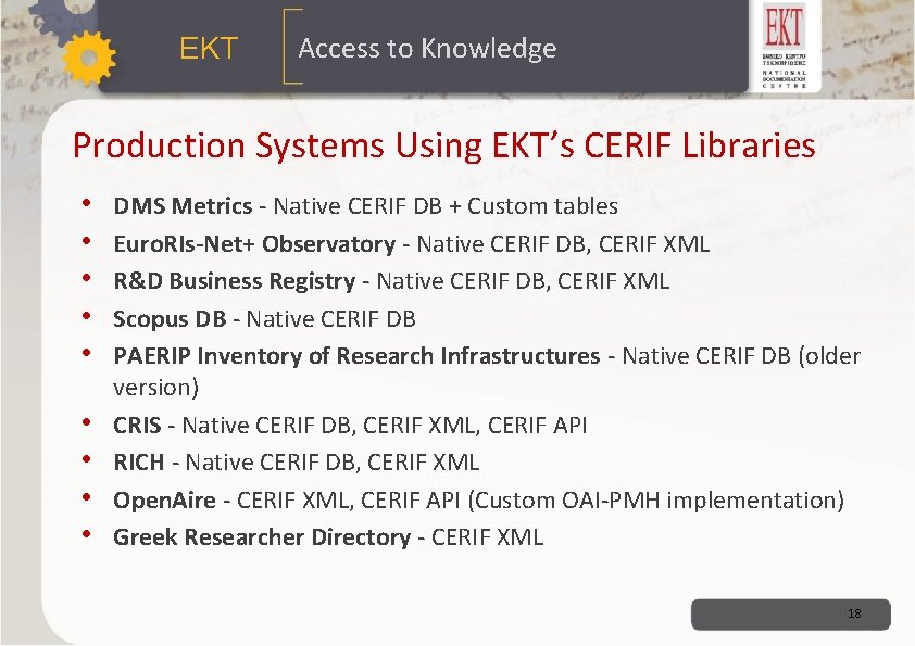 ΕΚΤ Access to Knowledge Production Systems Using EKT’s CERIF Libraries • • • DMS ΕΚΤ Access to Knowledge Production Systems Using EKT’s CERIF Libraries • • • DMS