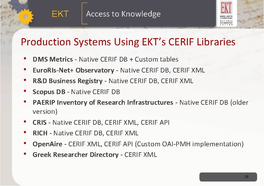 ΕΚΤ Access to Knowledge Production Systems Using EKT’s CERIF Libraries • • • DMS