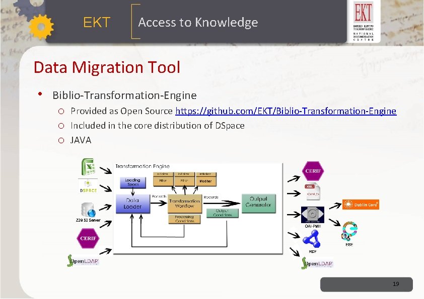 ΕΚΤ Access to Knowledge Data Migration Tool • Biblio-Transformation-Engine o Provided as Open Source ΕΚΤ Access to Knowledge Data Migration Tool • Biblio-Transformation-Engine o Provided as Open Source