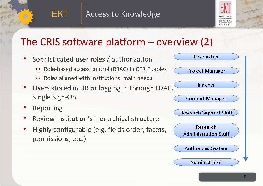 ΕΚΤ Access to Knowledge The CRIS software platform – overview (2) • Sophisticated user ΕΚΤ Access to Knowledge The CRIS software platform – overview (2) • Sophisticated user