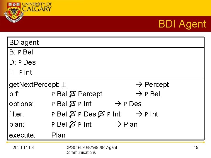 BDI Agent BDIagent B: P Bel D: P Des I: P Int get. Next.