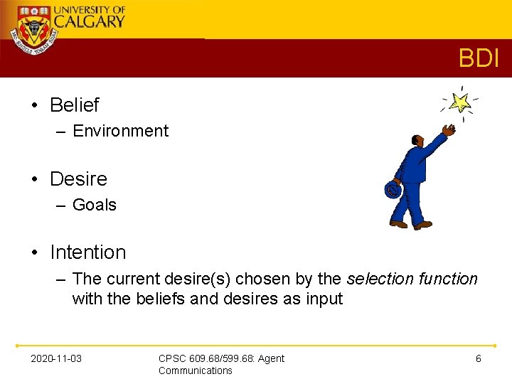 BDI • Belief – Environment • Desire – Goals • Intention – The current