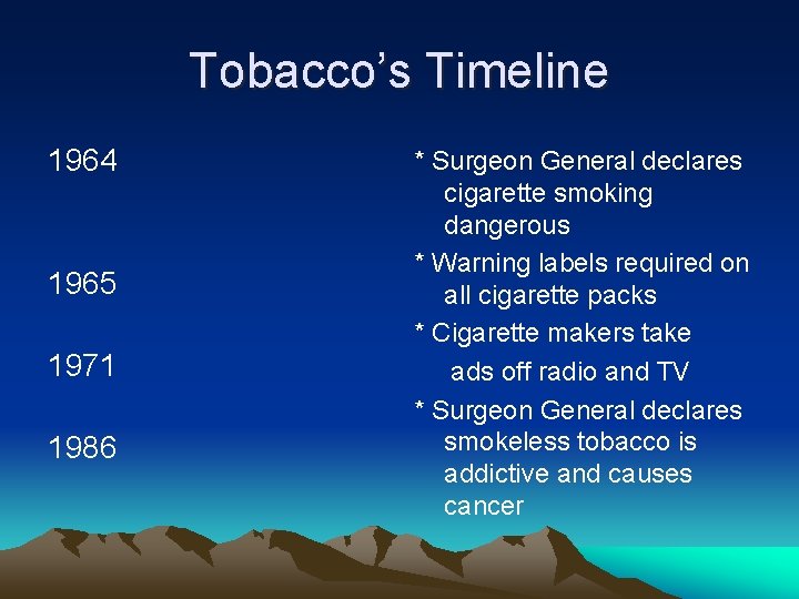 Tobacco’s Timeline 1964 1965 1971 1986 * Surgeon General declares cigarette smoking dangerous *