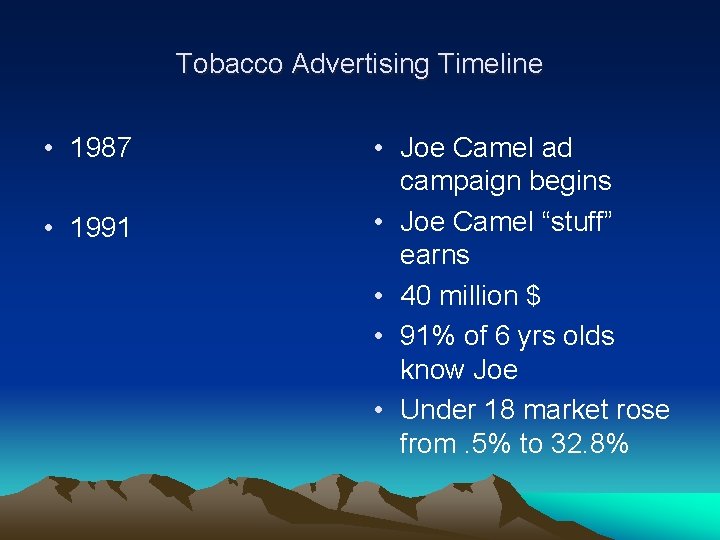 Tobacco Advertising Timeline • 1987 • 1991 • Joe Camel ad campaign begins •