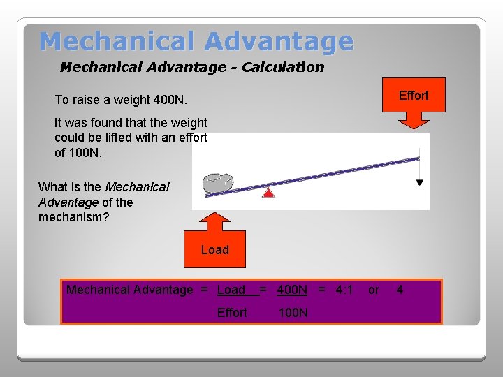 Mechanical Advantage - Calculation Effort To raise a weight 400 N. It was found Mechanical Advantage - Calculation Effort To raise a weight 400 N. It was found