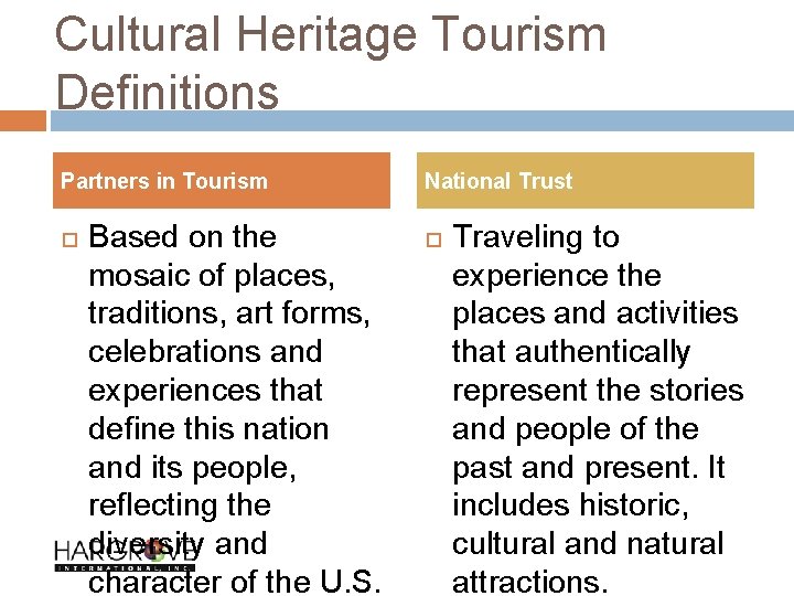 Cultural Heritage Tourism Definitions Partners in Tourism Based on the mosaic of places, traditions,