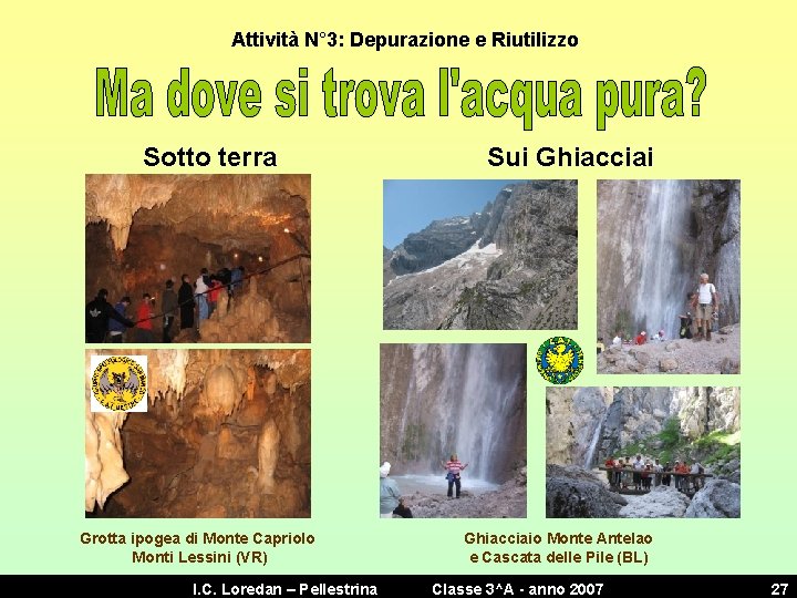 Attività N° 3: Depurazione e Riutilizzo Sotto terra Grotta ipogea di Monte Capriolo Monti