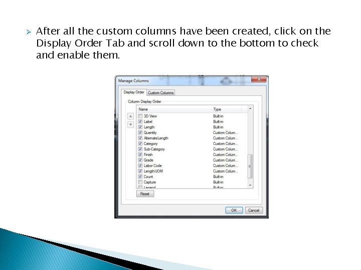 Ø After all the custom columns have been created, click on the Display Order