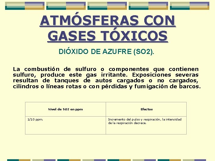 ATMÓSFERAS CON GASES TÓXICOS DIÓXIDO DE AZUFRE (SO 2). La combustión de sulfuro o